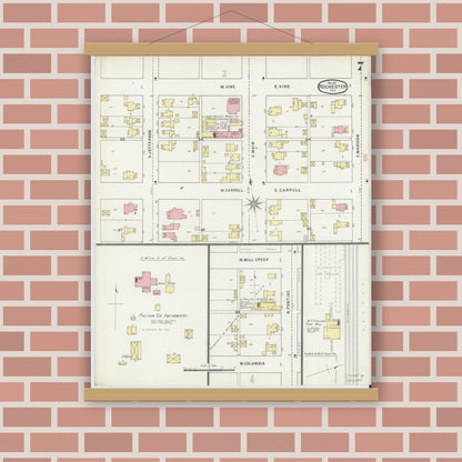 Old map wall art mockup — magnetic wood frame on brick wall — Sanborn Fire Insurance Map from Rochester, Fulton County, Indiana (1895), Sheet #0007