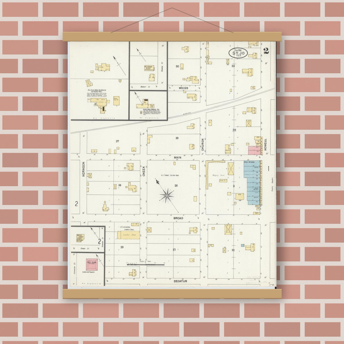 Old map wall art mockup — magnetic wood frame on brick wall — Sanborn Fire Insurance Map from Saint Jo, Montague County, Texas (1902), Sheet #0002