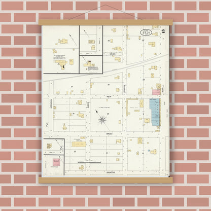 Old map wall art mockup — magnetic wood frame on brick wall — Sanborn Fire Insurance Map from Saint Jo, Montague County, Texas (1902), Sheet #0002