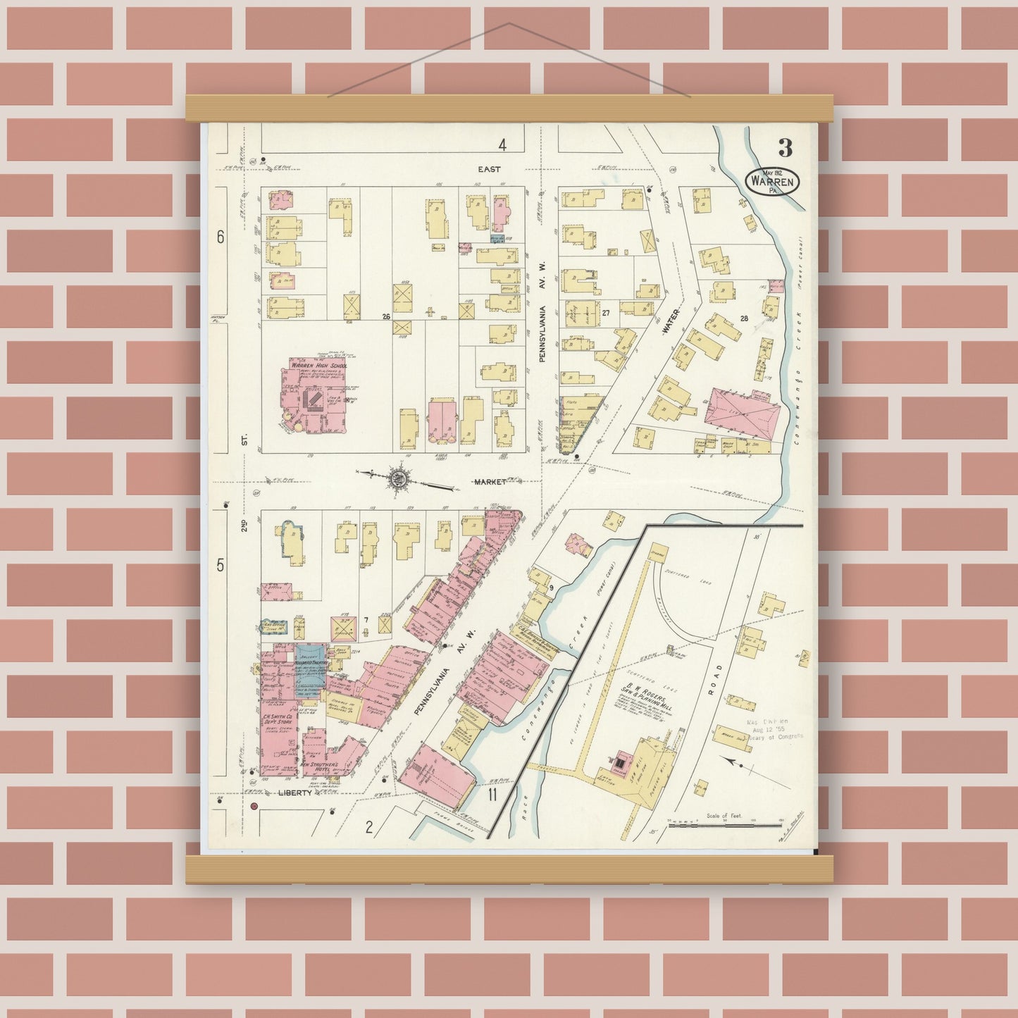 Old map wall art mockup — magnetic wood frame on brick wall — Sanborn Fire Insurance Map from Warren, Warren County, Pennsylvania (1912), Sheet #0003