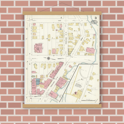 Old map wall art mockup — magnetic wood frame on brick wall — Sanborn Fire Insurance Map from Warren, Warren County, Pennsylvania (1912), Sheet #0003