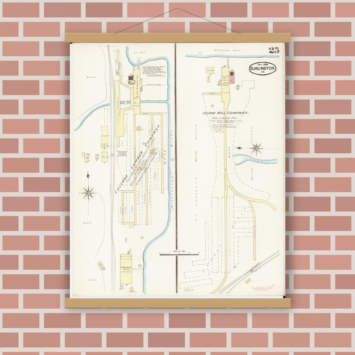 Old map wall art mockup — magnetic wood frame on brick wall — Sanborn Fire Insurance Map from Burlington, Des Moines County, Iowa (1888), Sheet #0025