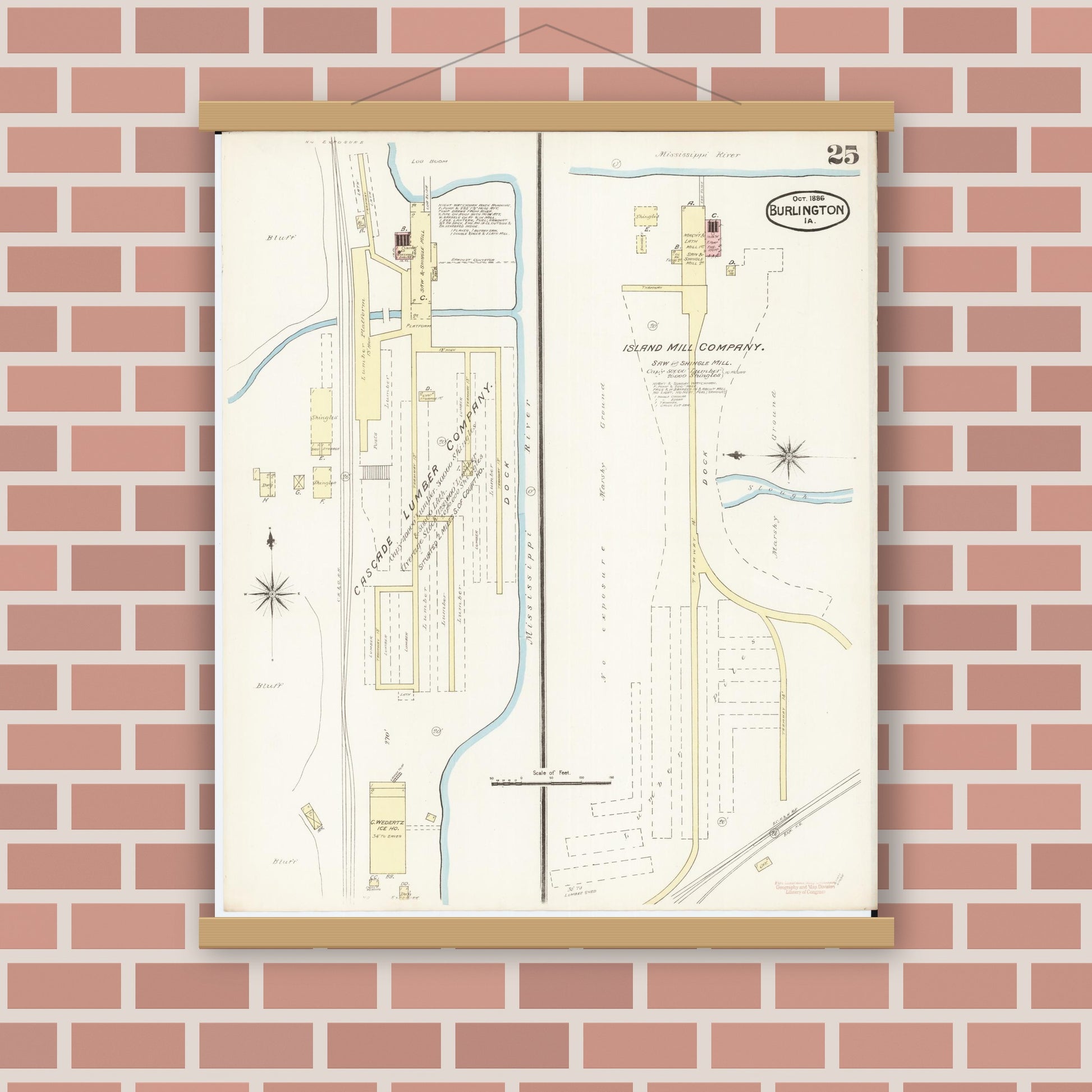 Old map wall art mockup — magnetic wood frame on brick wall — Sanborn Fire Insurance Map from Burlington, Des Moines County, Iowa (1888), Sheet #0025