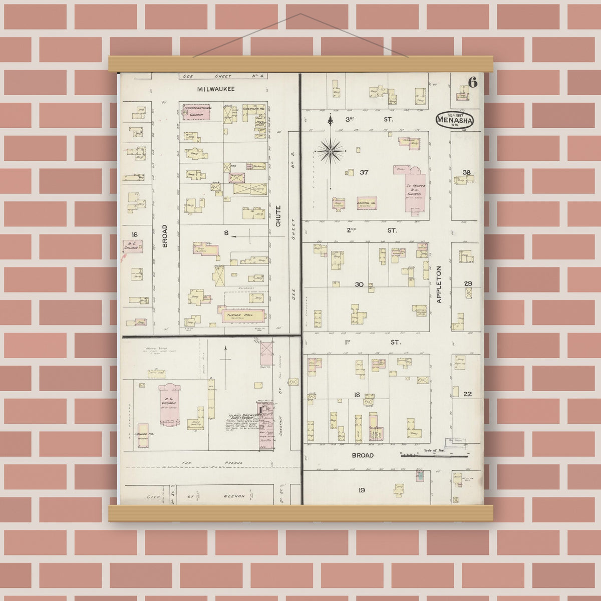 Old map wall art mockup — magnetic wood frame on brick wall — Sanborn Fire Insurance Map from Menasha, Winnebago County, Wisconsin (1887), Sheet #0006