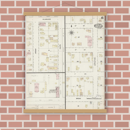 Old map wall art mockup — magnetic wood frame on brick wall — Sanborn Fire Insurance Map from Menasha, Winnebago County, Wisconsin (1887), Sheet #0006