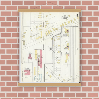 Old map wall art mockup — magnetic wood frame on brick wall — Sanborn Fire Insurance Map from Painesville, Lake County, Ohio (1911), Sheet #0013