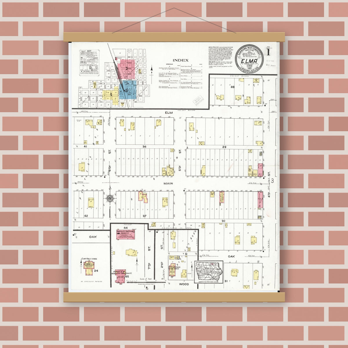 Old map wall art mockup — magnetic wood frame on brick wall — Sanborn Fire Insurance Map from Elma, Howard County, Iowa (1920), Sheet #0001