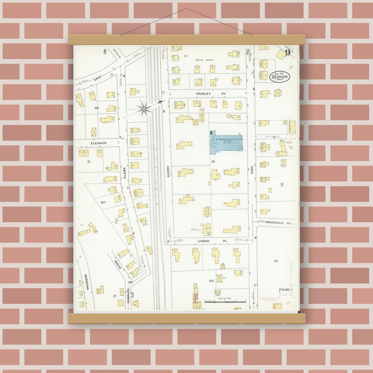 Old map wall art mockup — magnetic wood frame on brick wall — Sanborn Fire Insurance Map from Dedham, Norfolk County, Massachusetts (1909), Sheet #0009