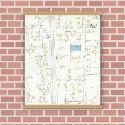 Old map wall art mockup — magnetic wood frame on brick wall — Sanborn Fire Insurance Map from Dedham, Norfolk County, Massachusetts (1909), Sheet #0009