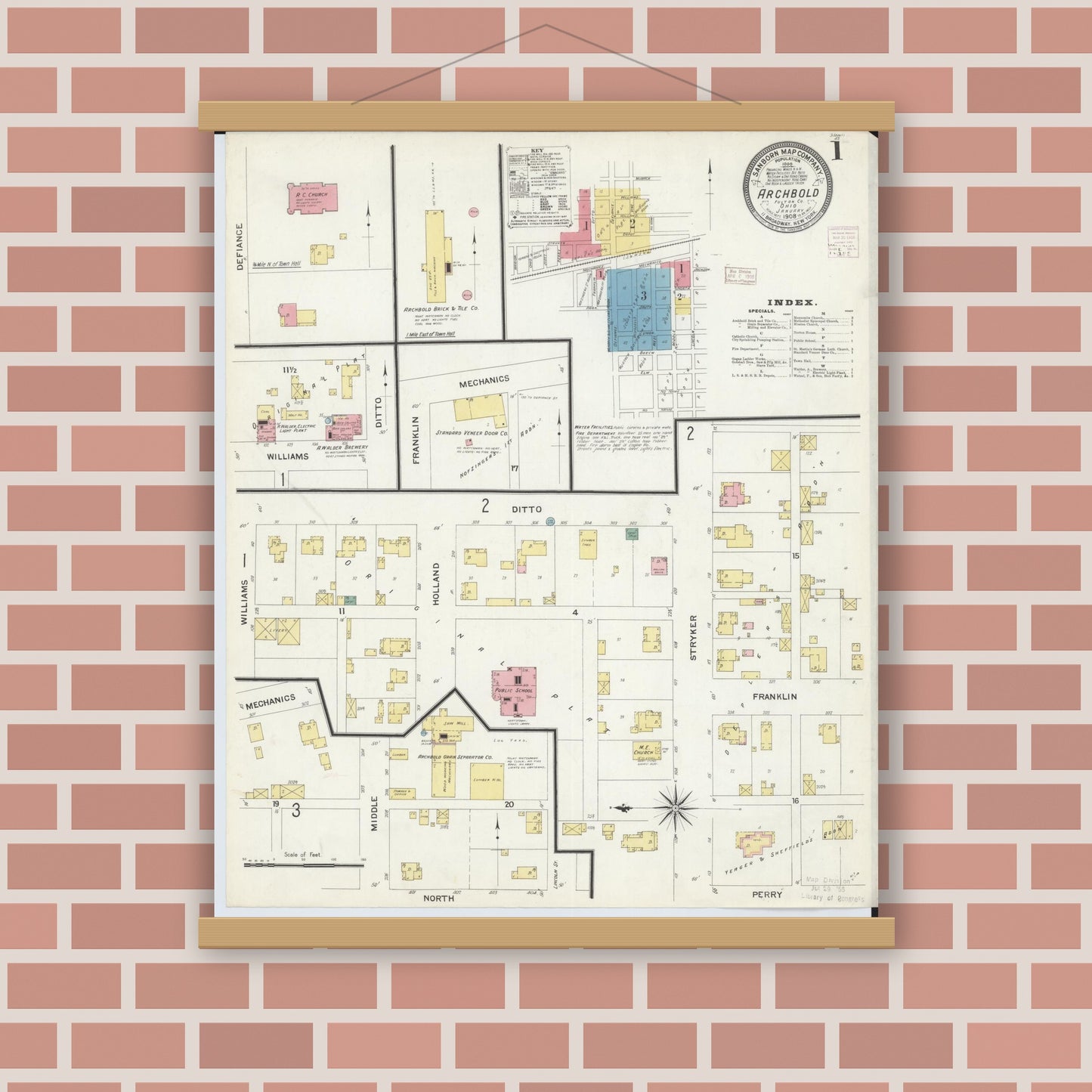 Old map wall art mockup — magnetic wood frame on brick wall — Sanborn Fire Insurance Map from Archbold, Fulton County, Ohio (1908) - Complete Map Set