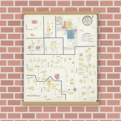 Old map wall art mockup — magnetic wood frame on brick wall — Sanborn Fire Insurance Map from Archbold, Fulton County, Ohio (1908) - Complete Map Set