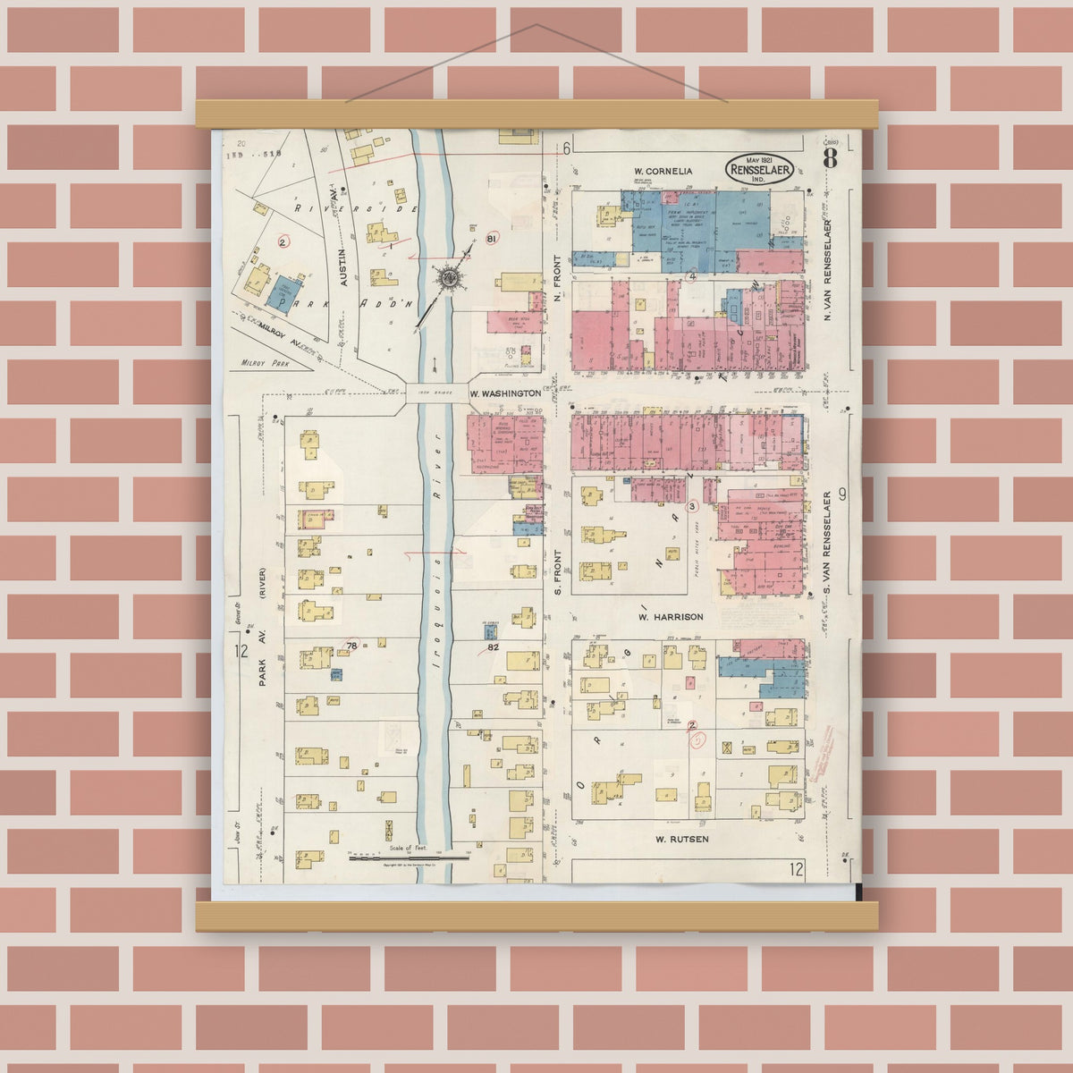 Old map wall art mockup — magnetic wood frame on brick wall — Sanborn Fire Insurance Map from Rensselaer, Jasper County, Indiana (1942), Sheet #0008