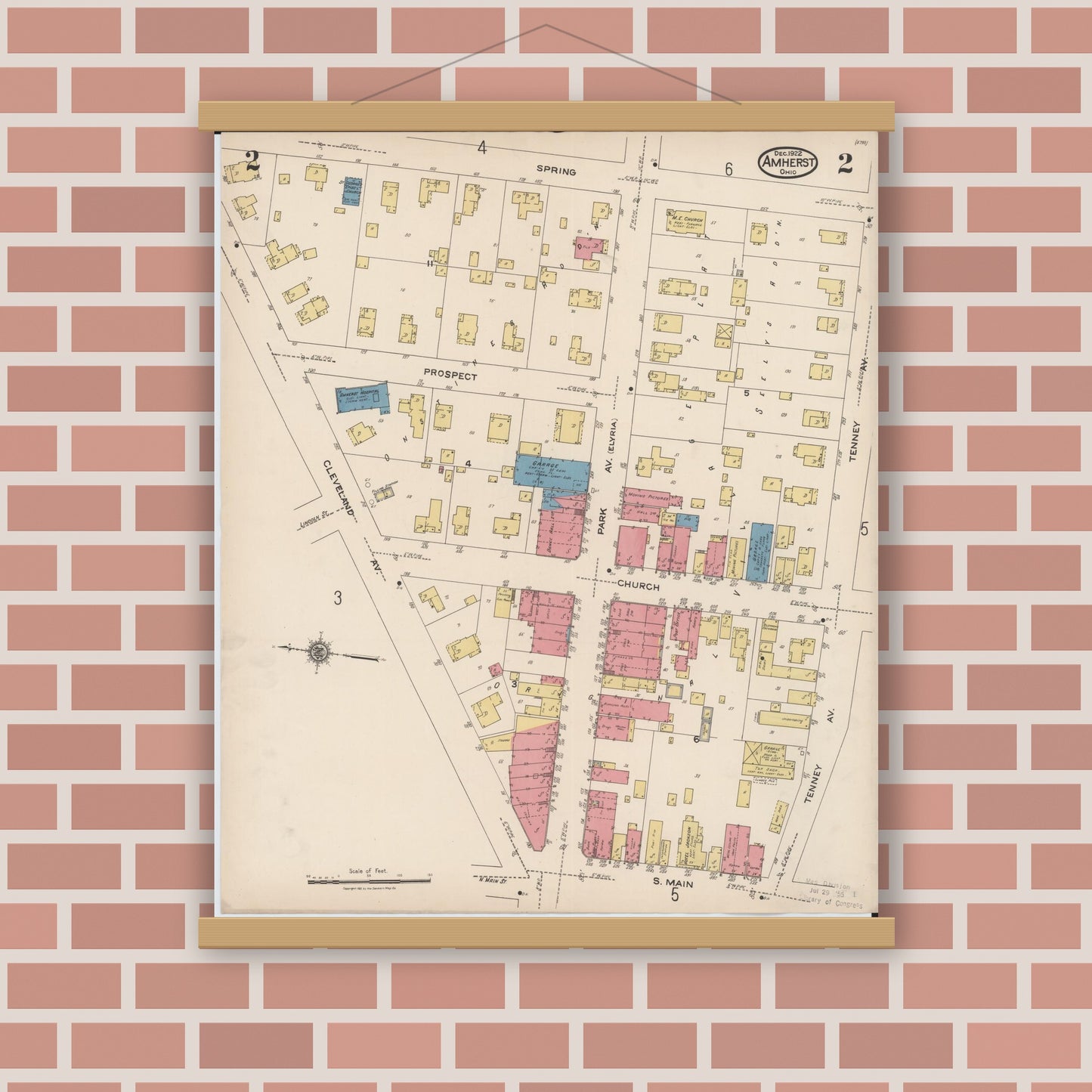 Old map wall art mockup — magnetic wood frame on brick wall — Sanborn Fire Insurance Map from Amherst, Lorain County, Ohio (1922), Sheet #0002