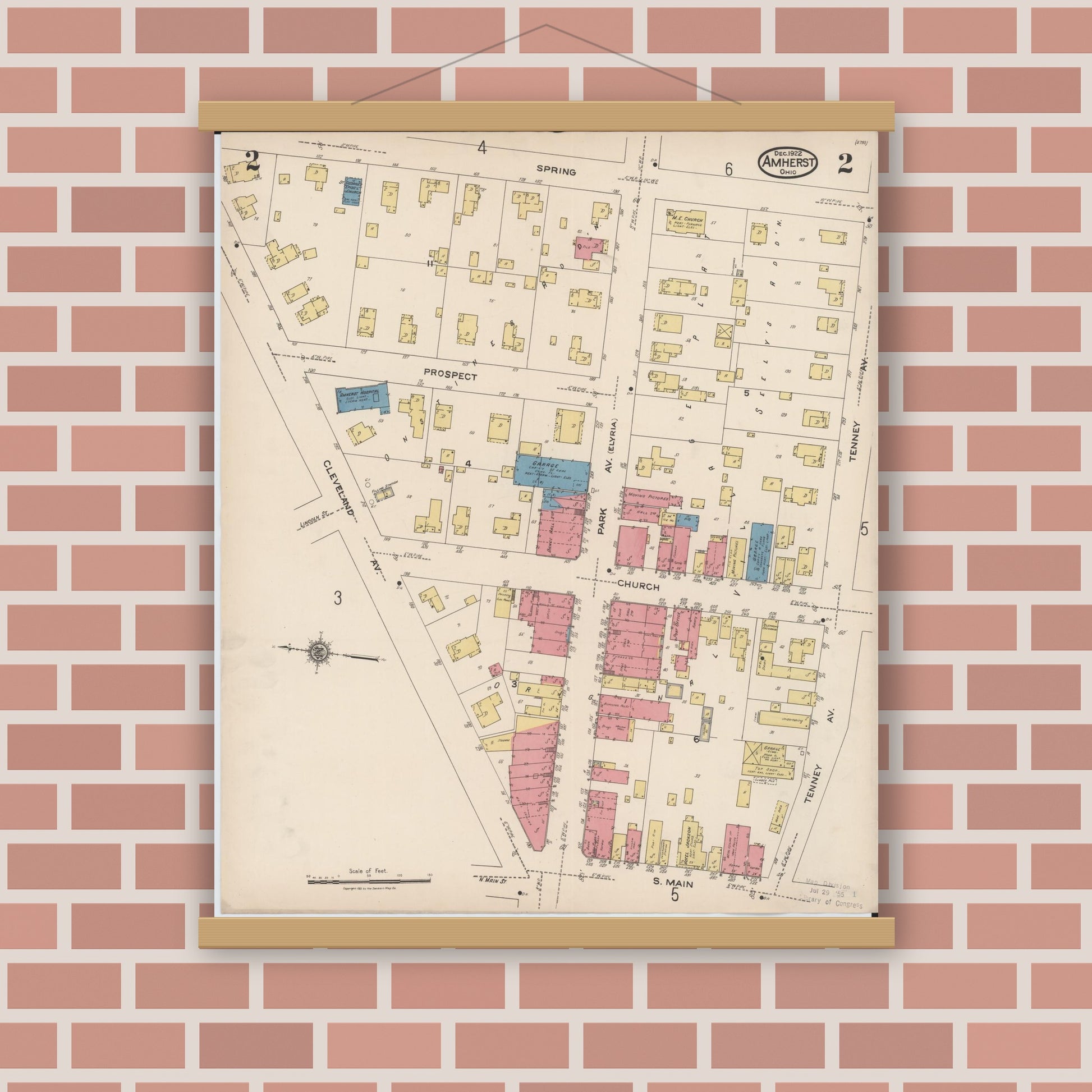Old map wall art mockup — magnetic wood frame on brick wall — Sanborn Fire Insurance Map from Amherst, Lorain County, Ohio (1922), Sheet #0002