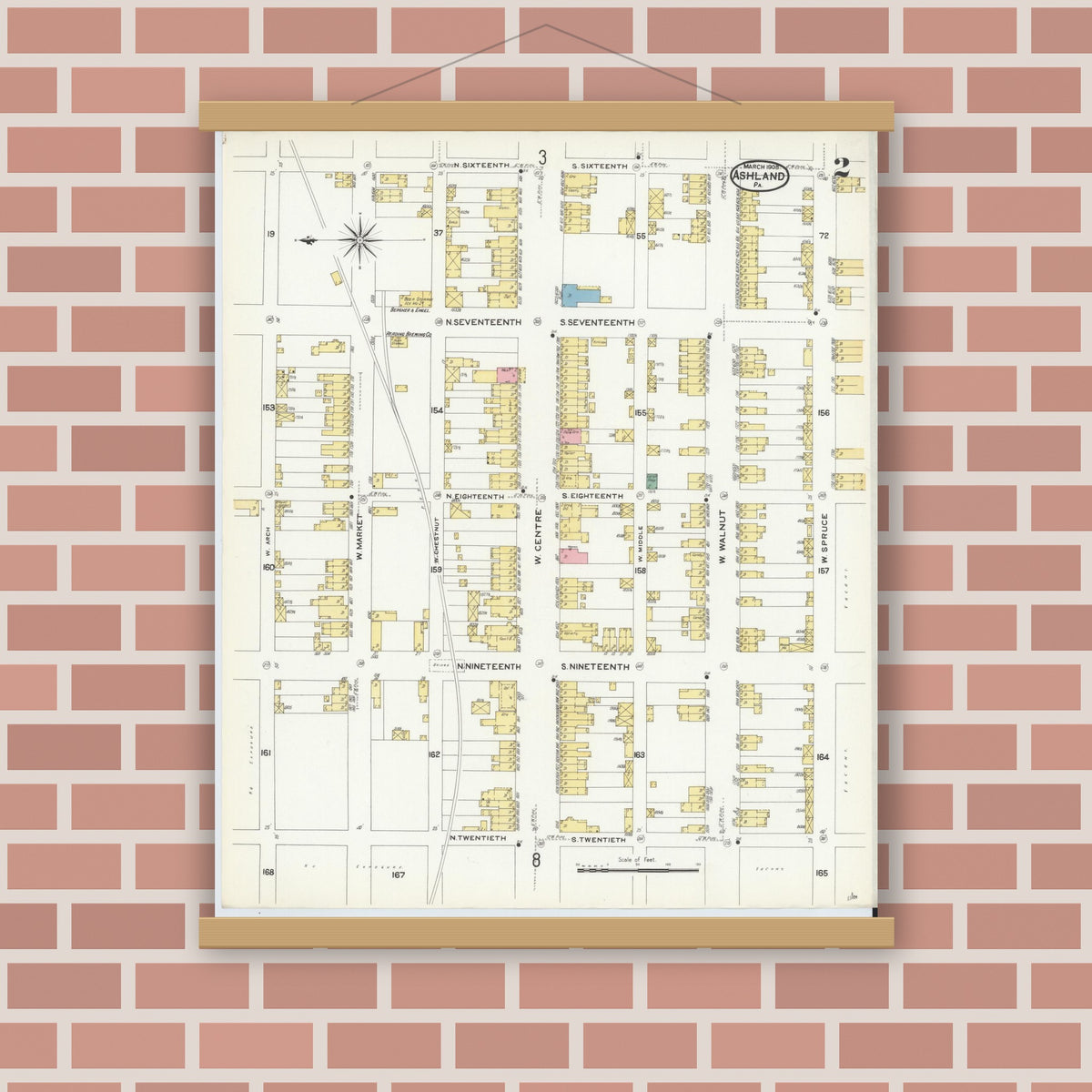 Old map wall art mockup — magnetic wood frame on brick wall — Sanborn Fire Insurance Map from Ashland, Schuylkill County, Pennsylvania (1908), Sheet #0002