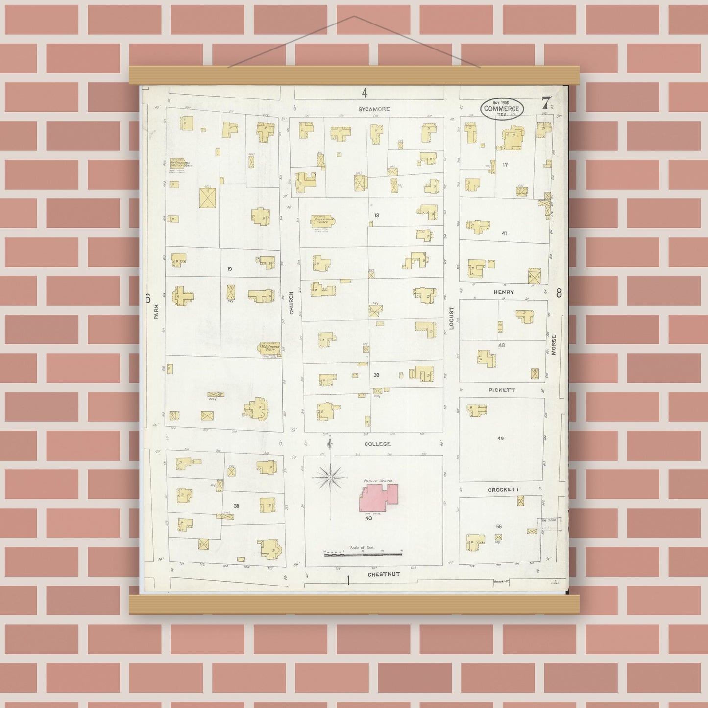 Old map wall art mockup — magnetic wood frame on brick wall — Sanborn Fire Insurance Map from Commerce, Hunt County, Texas (1906), Sheet #0007