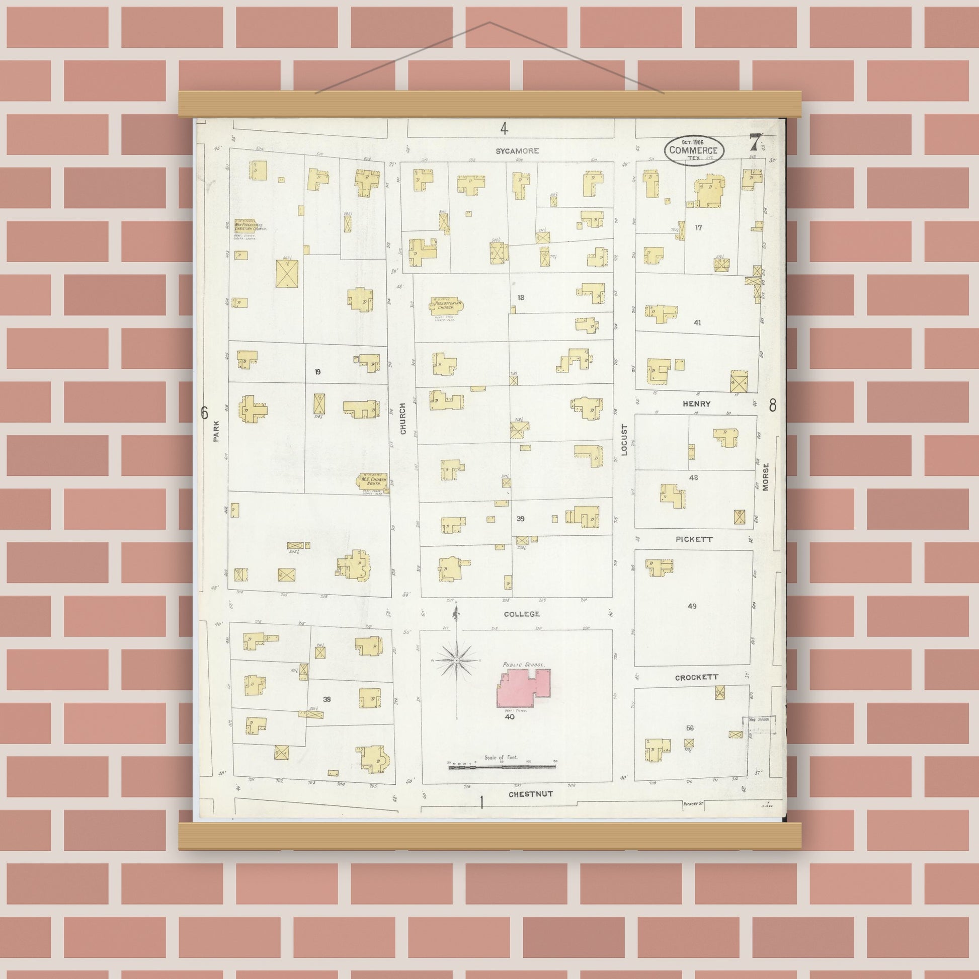 Old map wall art mockup — magnetic wood frame on brick wall — Sanborn Fire Insurance Map from Commerce, Hunt County, Texas (1906), Sheet #0007