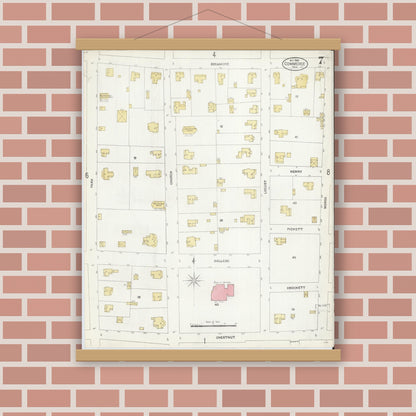 Old map wall art mockup — magnetic wood frame on brick wall — Sanborn Fire Insurance Map from Commerce, Hunt County, Texas (1906), Sheet #0007