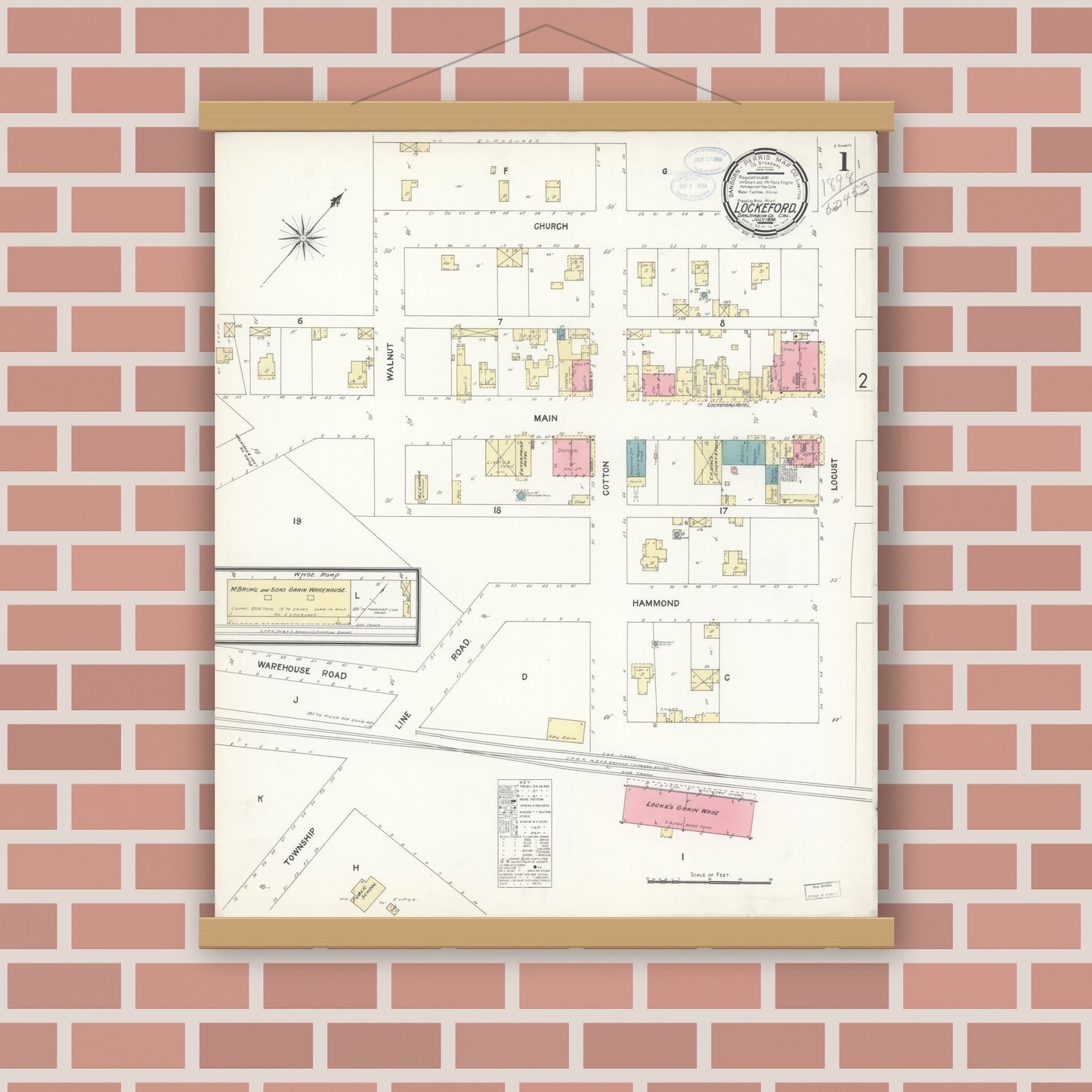 Old map wall art mockup — magnetic wood frame on brick wall — Sanborn Fire Insurance Map from Lockeford, San Joaquin County, California (1898), Sheet #0001