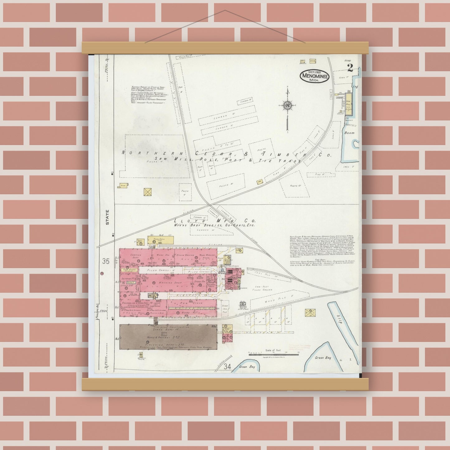 Old map wall art mockup — magnetic wood frame on brick wall — Sanborn Fire Insurance Map from Menominee, Menominee County, Michigan (1921), Sheet #0002