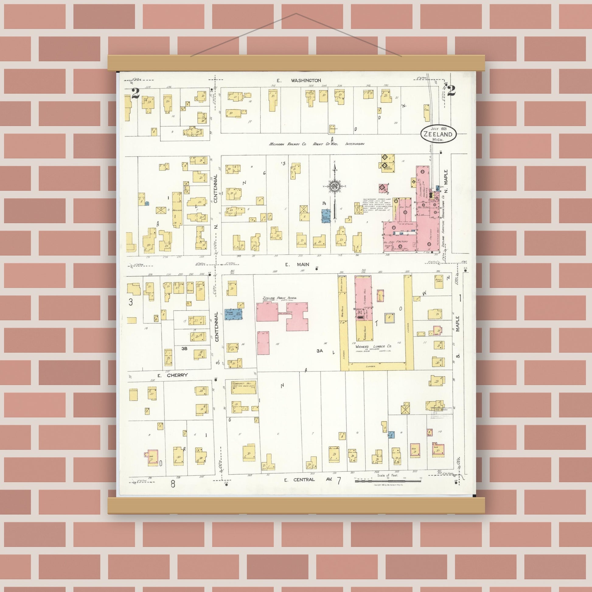 Old map wall art mockup — magnetic wood frame on brick wall — Sanborn Fire Insurance Map from Zeeland, Ottawa County, Michigan (1923), Sheet #0002