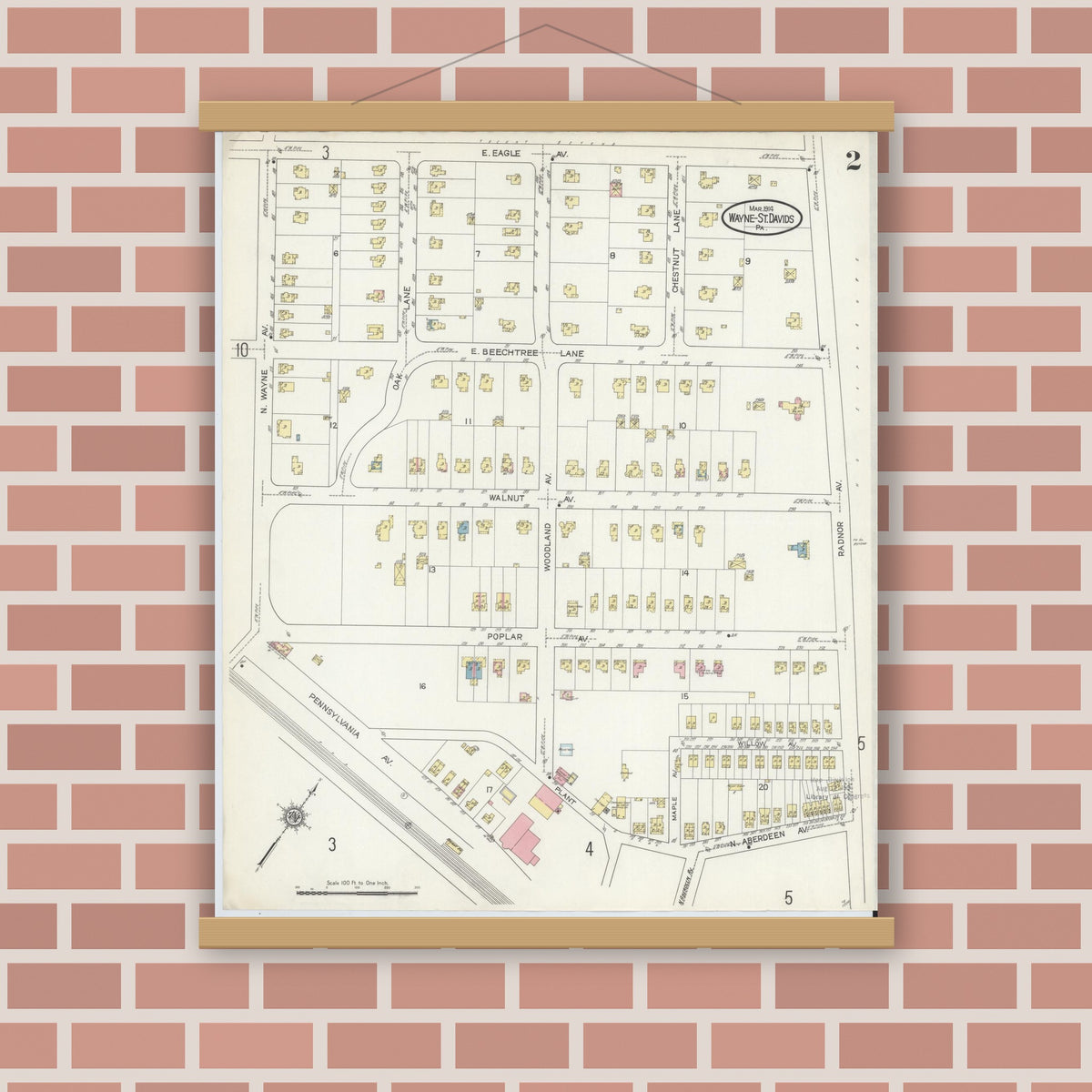 Old map wall art mockup — magnetic wood frame on brick wall — Sanborn Fire Insurance Map from Wayne, Delaware County, Pennsylvania (1914), Sheet #0002