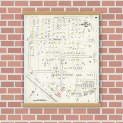 Old map wall art mockup — magnetic wood frame on brick wall — Sanborn Fire Insurance Map from Wayne, Delaware County, Pennsylvania (1914), Sheet #0002