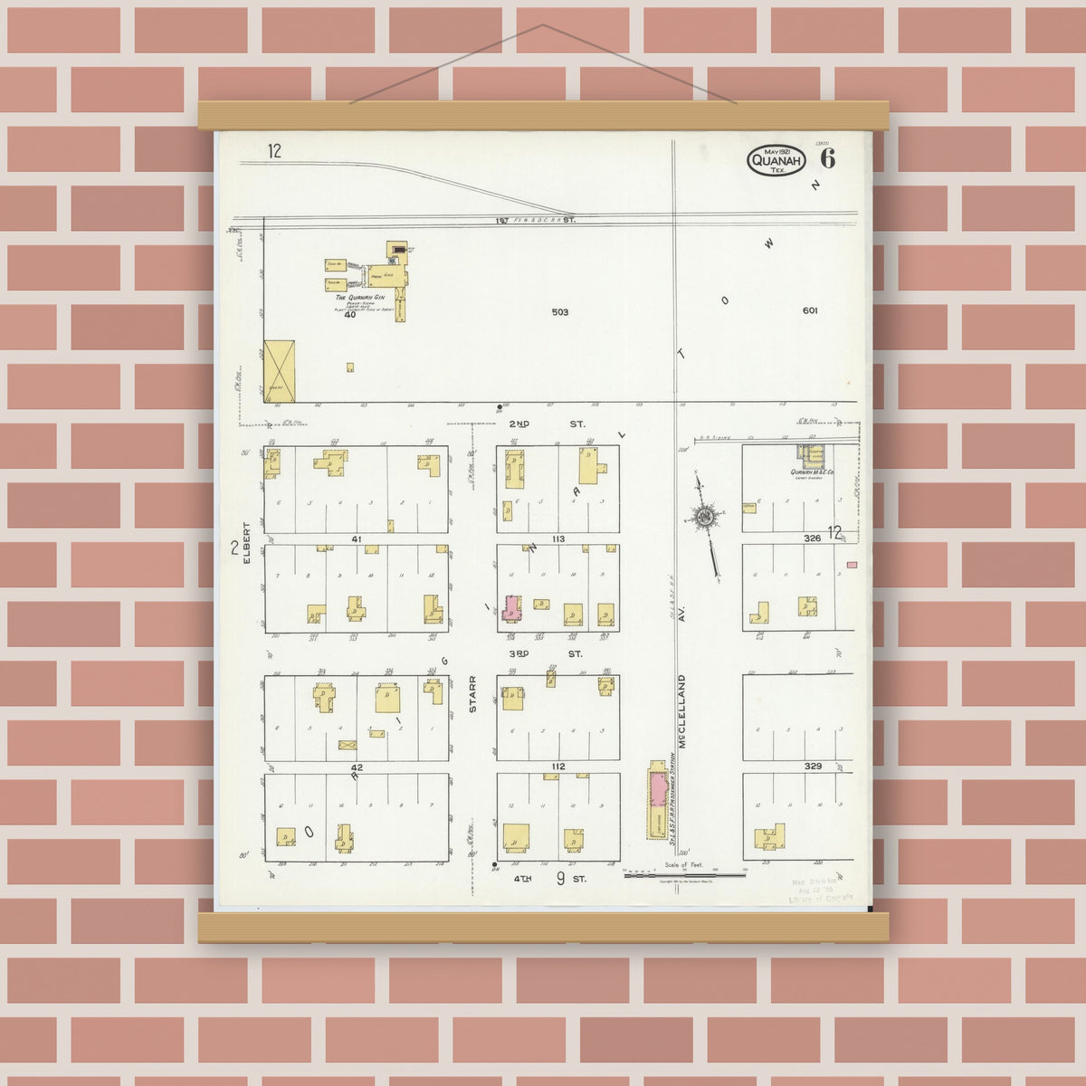 Old map wall art mockup — magnetic wood frame on brick wall — Sanborn Fire Insurance Map from Quanah, Hardeman County, Texas (1921), Sheet #0006