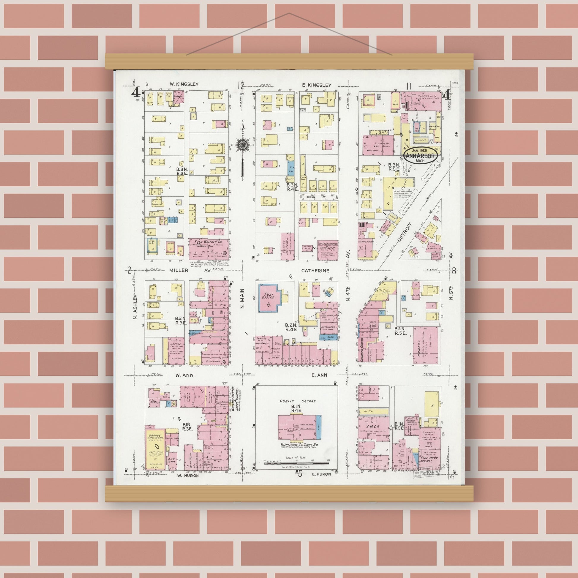 Old map wall art mockup — magnetic wood frame on brick wall — Sanborn Fire Insurance Map from Ann Arbor, Washtenaw County, Michigan (1925), Sheet #0004