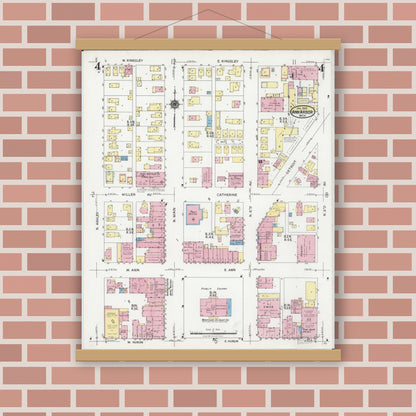 Old map wall art mockup — magnetic wood frame on brick wall — Sanborn Fire Insurance Map from Ann Arbor, Washtenaw County, Michigan (1925), Sheet #0004
