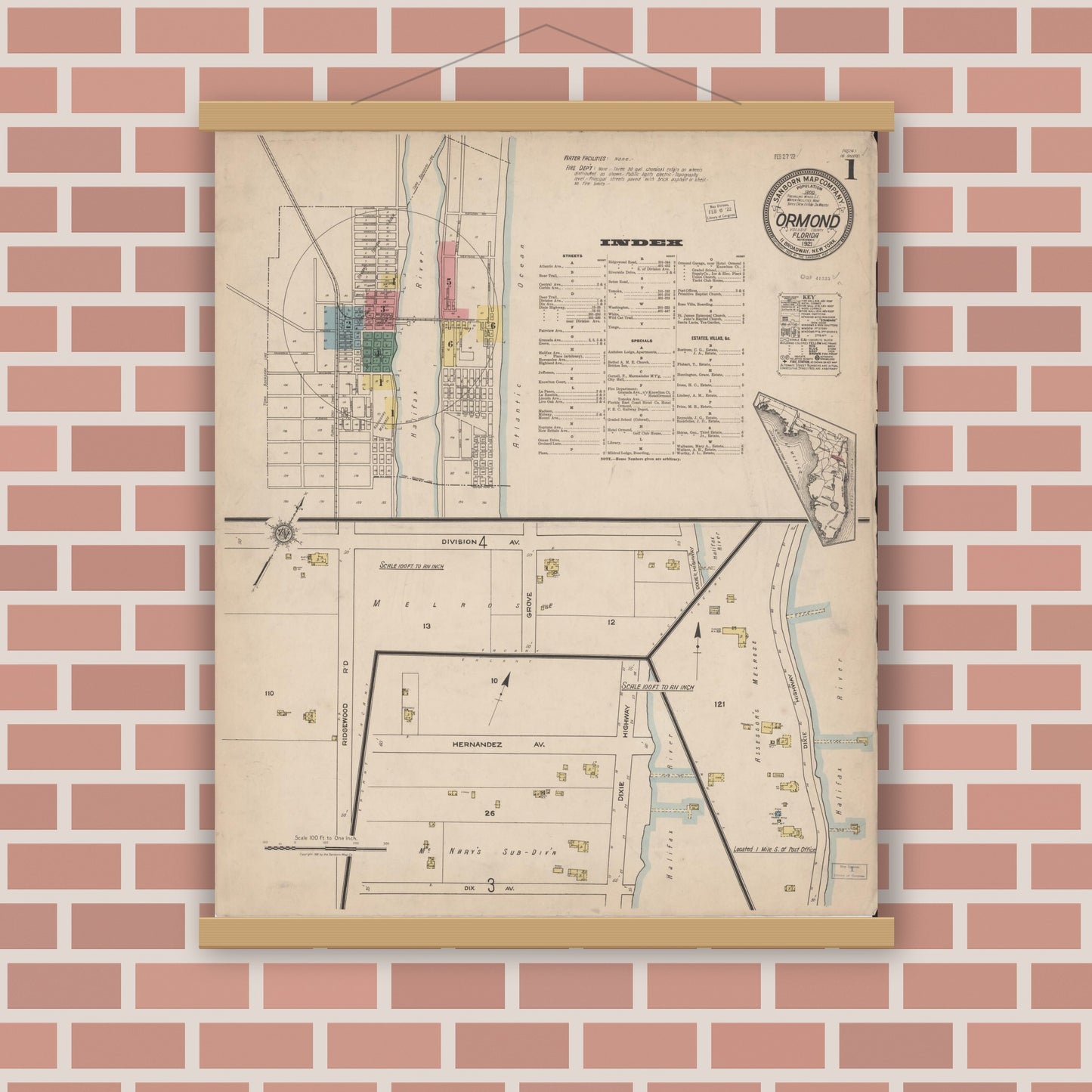 Old map wall art mockup — magnetic wood frame on brick wall — Sanborn Fire Insurance Map from Ormond, Volusia County, Florida (1921) - Complete Map Set