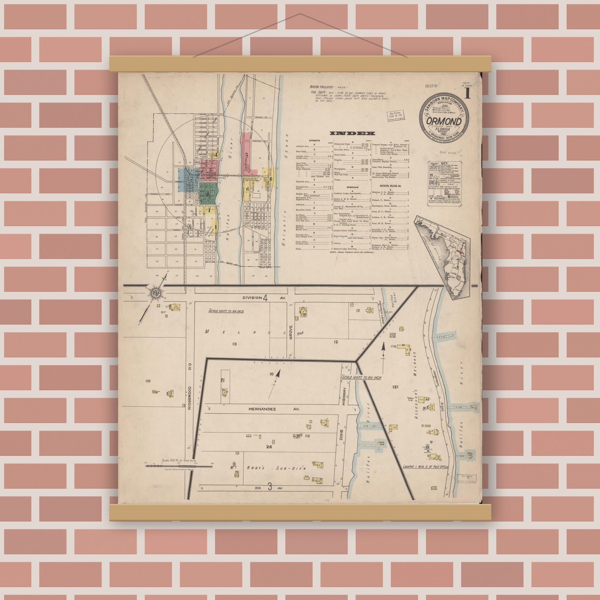 Old map wall art mockup — magnetic wood frame on brick wall — Sanborn Fire Insurance Map from Ormond, Volusia County, Florida (1921) - Complete Map Set
