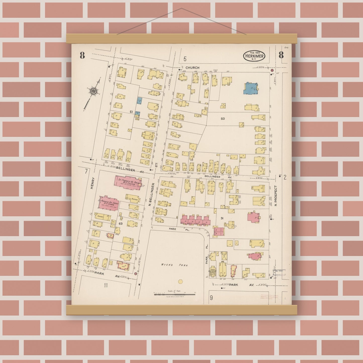 Old map wall art mockup — magnetic wood frame on brick wall — Sanborn Fire Insurance Map from Herkimer, Herkimer County, New York (1923), Sheet #0008