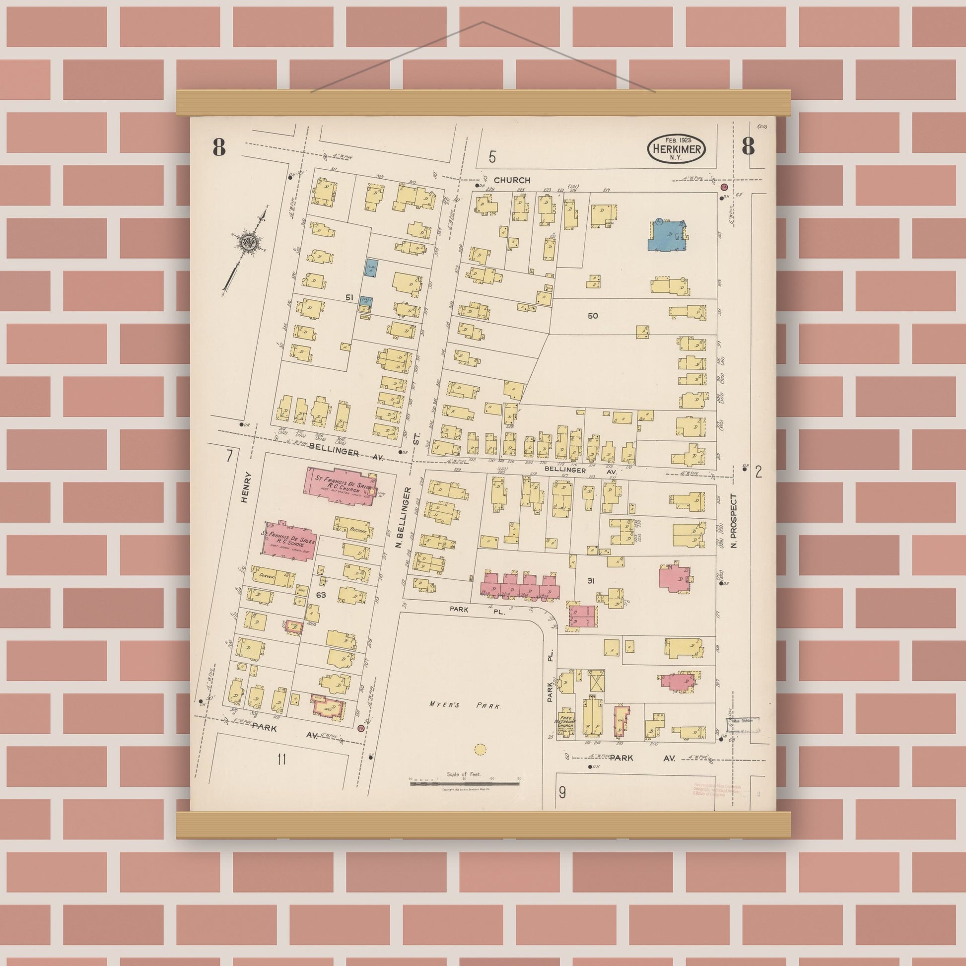 Old map wall art mockup — magnetic wood frame on brick wall — Sanborn Fire Insurance Map from Herkimer, Herkimer County, New York (1923), Sheet #0008