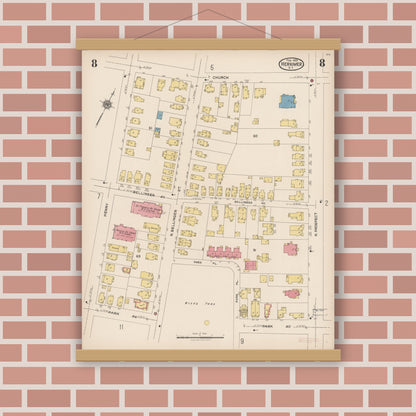 Old map wall art mockup — magnetic wood frame on brick wall — Sanborn Fire Insurance Map from Herkimer, Herkimer County, New York (1923), Sheet #0008