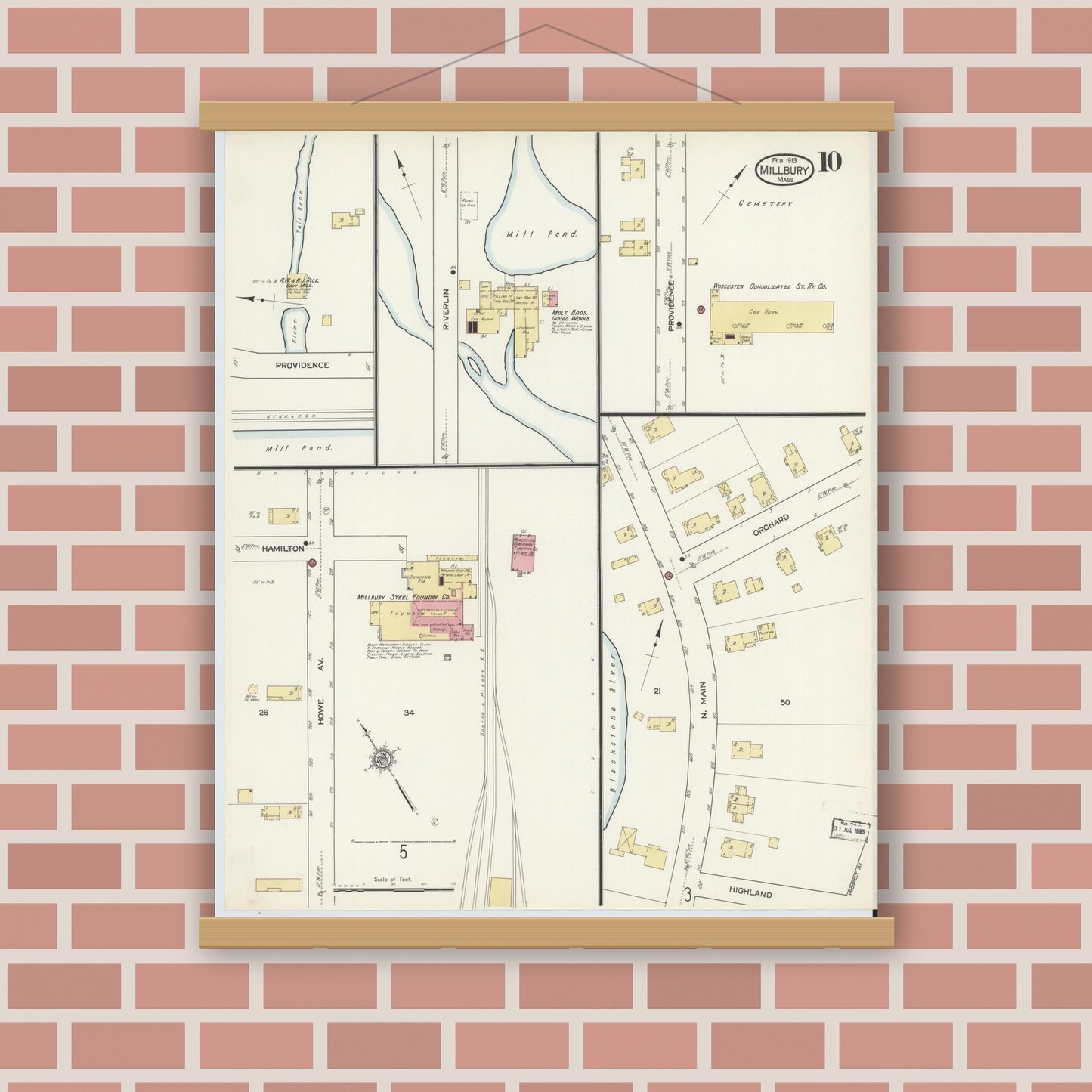 Old map wall art mockup — magnetic wood frame on brick wall — Sanborn Fire Insurance Map from Millbury, Worcester County, Massachusetts (1913), Sheet #0010