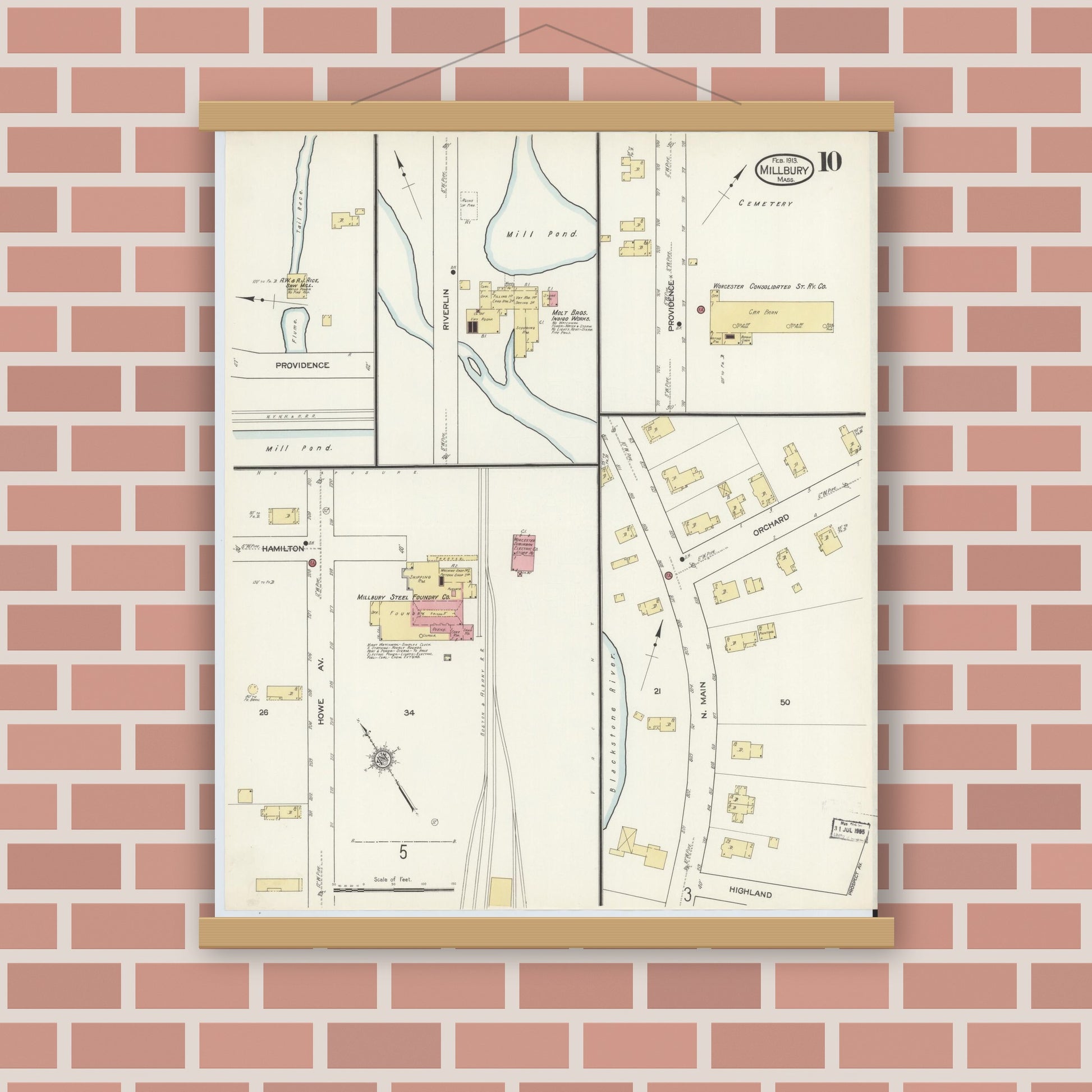 Old map wall art mockup — magnetic wood frame on brick wall — Sanborn Fire Insurance Map from Millbury, Worcester County, Massachusetts (1913), Sheet #0010