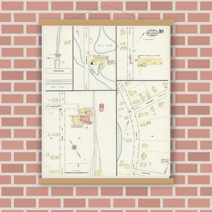 Old map wall art mockup — magnetic wood frame on brick wall — Sanborn Fire Insurance Map from Millbury, Worcester County, Massachusetts (1913), Sheet #0010