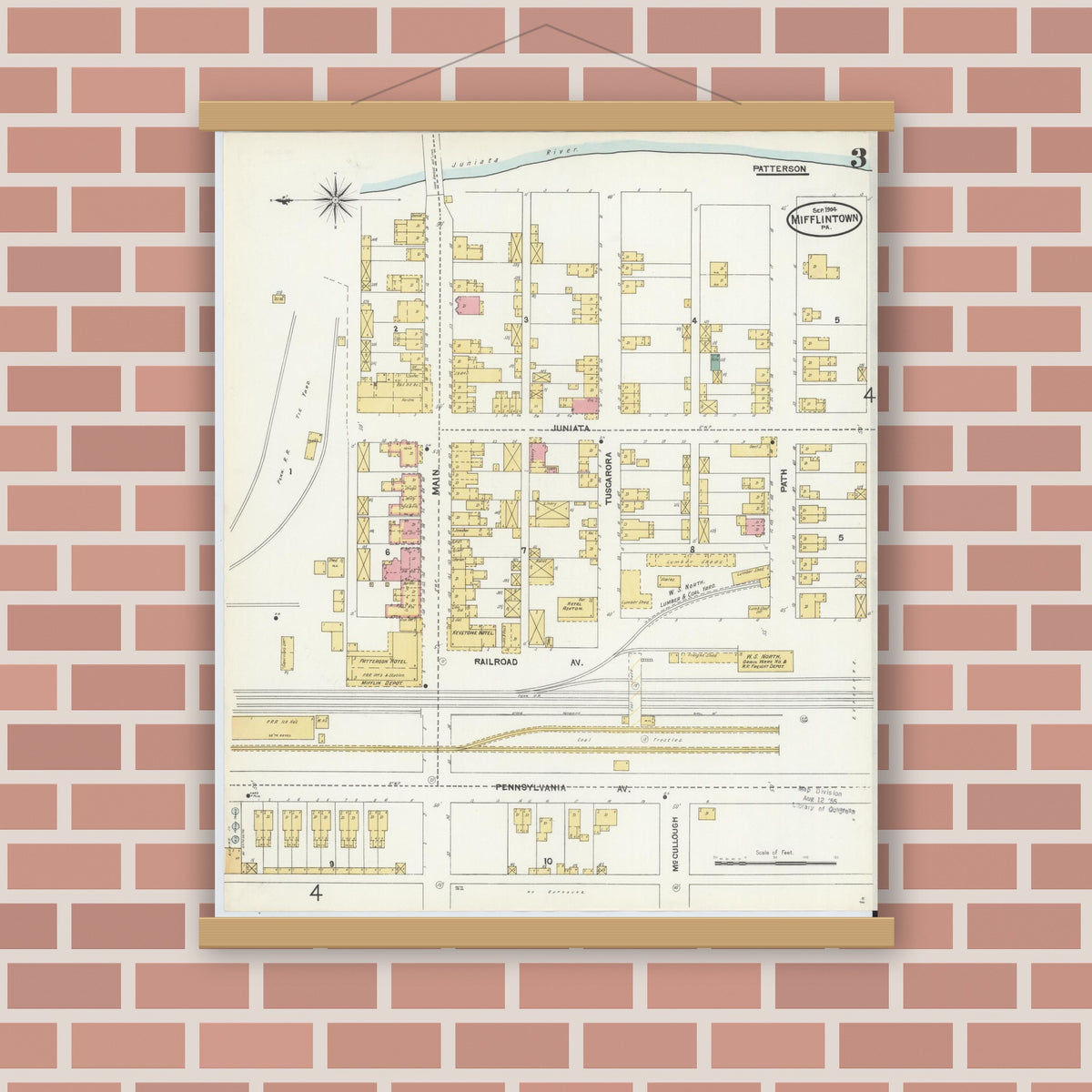 Old map wall art mockup — magnetic wood frame on brick wall — Sanborn Fire Insurance Map from Mifflintown, Juniata County, Pennsylvania (1904), Sheet #0003