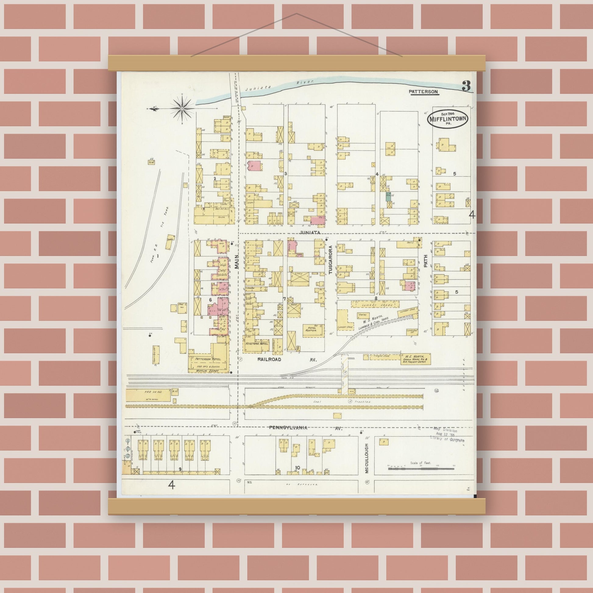 Old map wall art mockup — magnetic wood frame on brick wall — Sanborn Fire Insurance Map from Mifflintown, Juniata County, Pennsylvania (1904), Sheet #0003