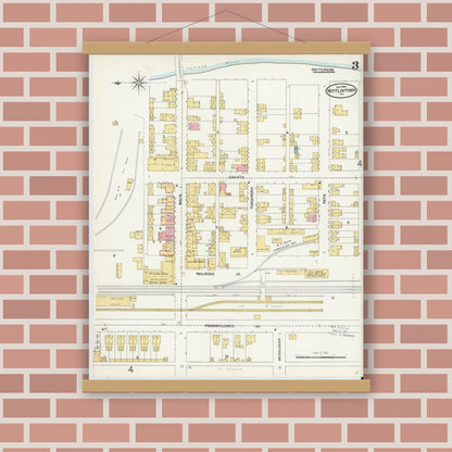Old map wall art mockup — magnetic wood frame on brick wall — Sanborn Fire Insurance Map from Mifflintown, Juniata County, Pennsylvania (1904), Sheet #0003