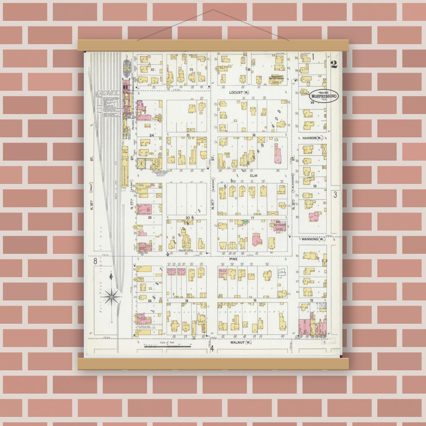 Old map wall art mockup — magnetic wood frame on brick wall — Sanborn Fire Insurance Map from Murphysboro, Jackson County, Illinois (1902), Sheet #0002