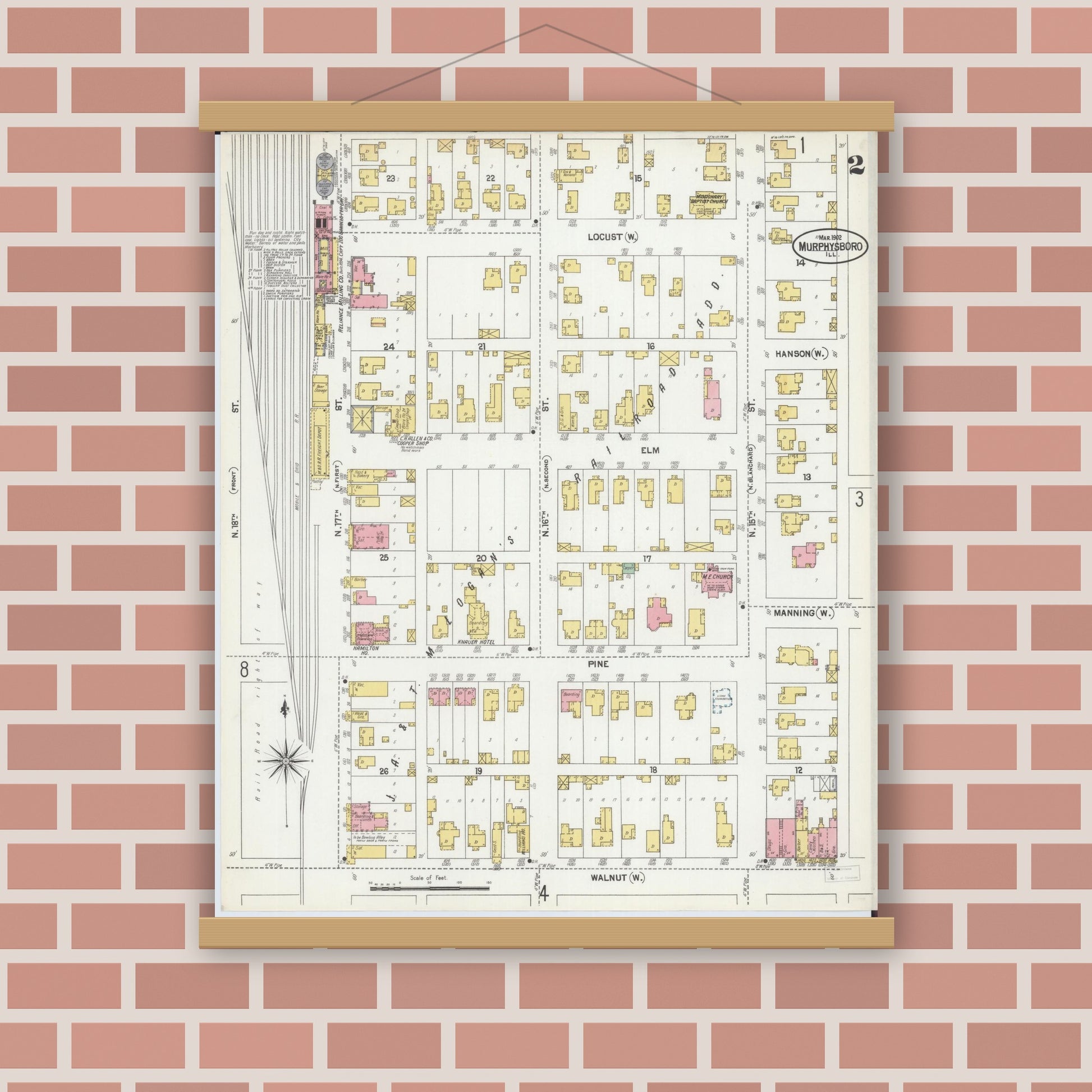 Old map wall art mockup — magnetic wood frame on brick wall — Sanborn Fire Insurance Map from Murphysboro, Jackson County, Illinois (1902), Sheet #0002