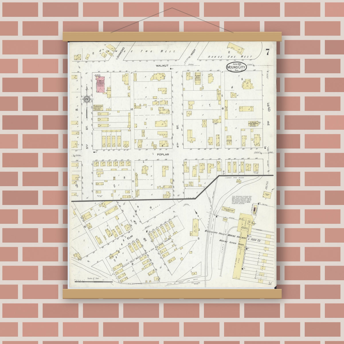 Old map wall art mockup — magnetic wood frame on brick wall — Sanborn Fire Insurance Map from Mound City, Pulaski County, Illinois (1914), Sheet #0007