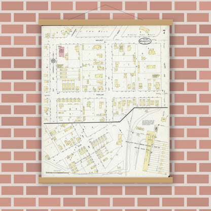 Old map wall art mockup — magnetic wood frame on brick wall — Sanborn Fire Insurance Map from Mound City, Pulaski County, Illinois (1914), Sheet #0007
