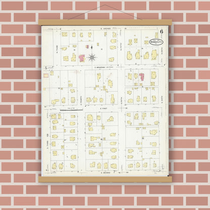Old map wall art mockup — magnetic wood frame on brick wall — Sanborn Fire Insurance Map from Monmouth, Warren County, Illinois (1907), Sheet #0006