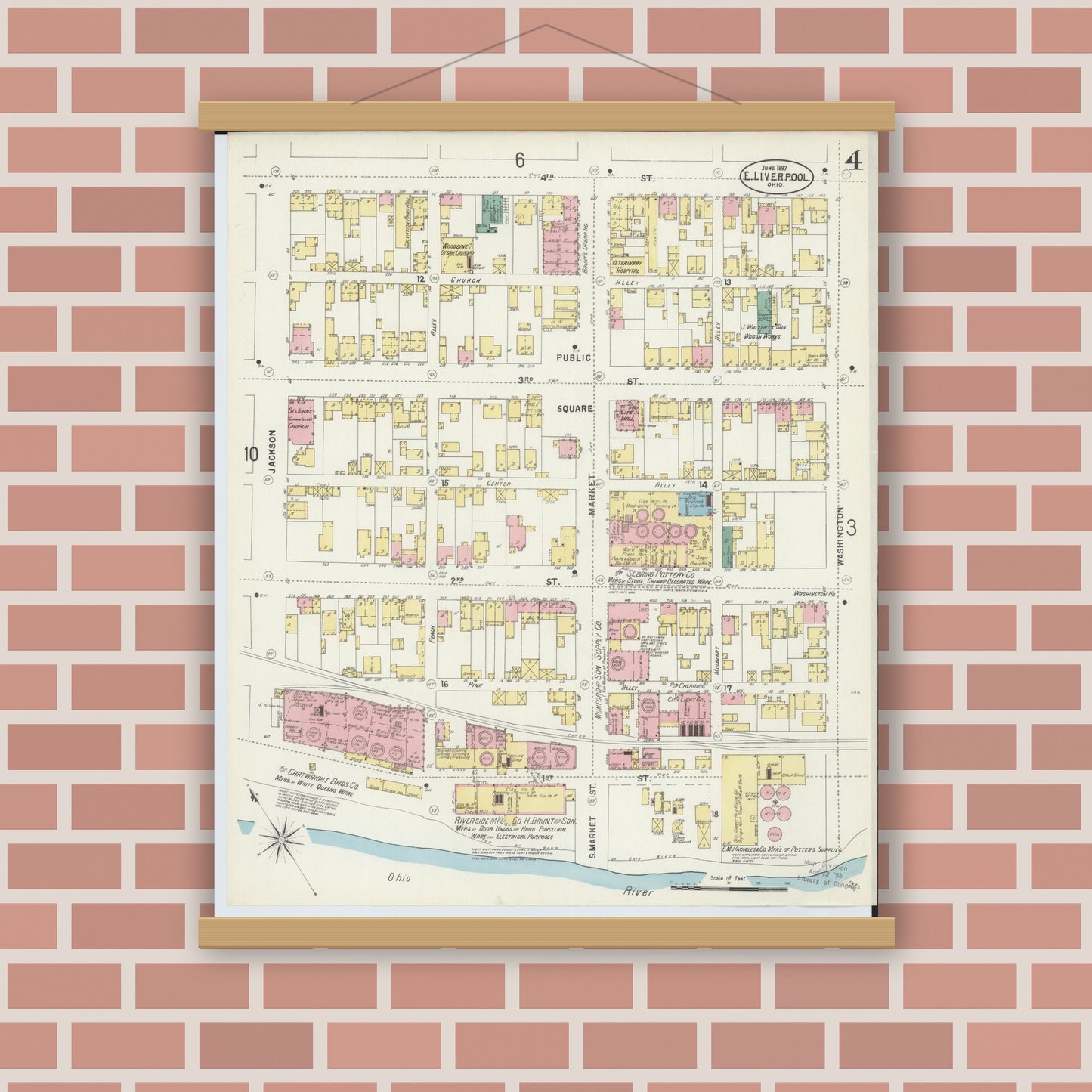 Old map wall art mockup — magnetic wood frame on brick wall — Sanborn Fire Insurance Map from East Liverpool, Columbiana County, Ohio (1897), Sheet #0004