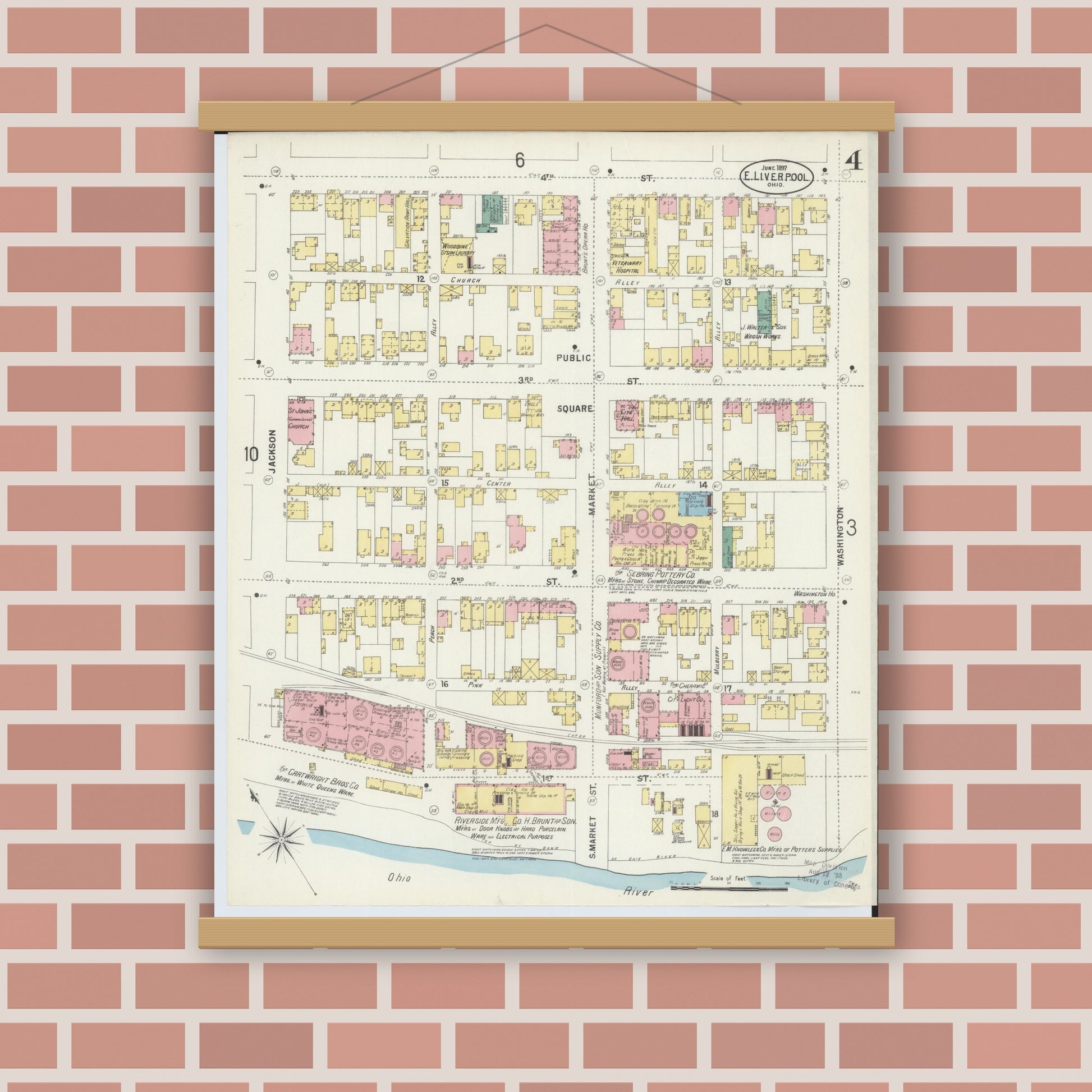 Old map wall art mockup — magnetic wood frame on brick wall — Sanborn Fire Insurance Map from East Liverpool, Columbiana County, Ohio (1897), Sheet #0004