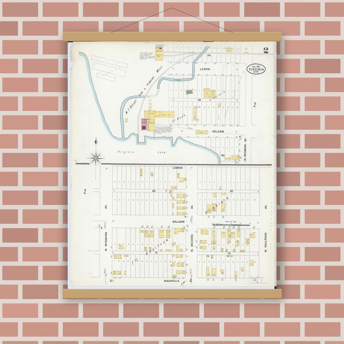 Old map wall art mockup — magnetic wood frame on brick wall — Sanborn Fire Insurance Map from Virginia, Saint Louis County, Minnesota (1908), Sheet #0002