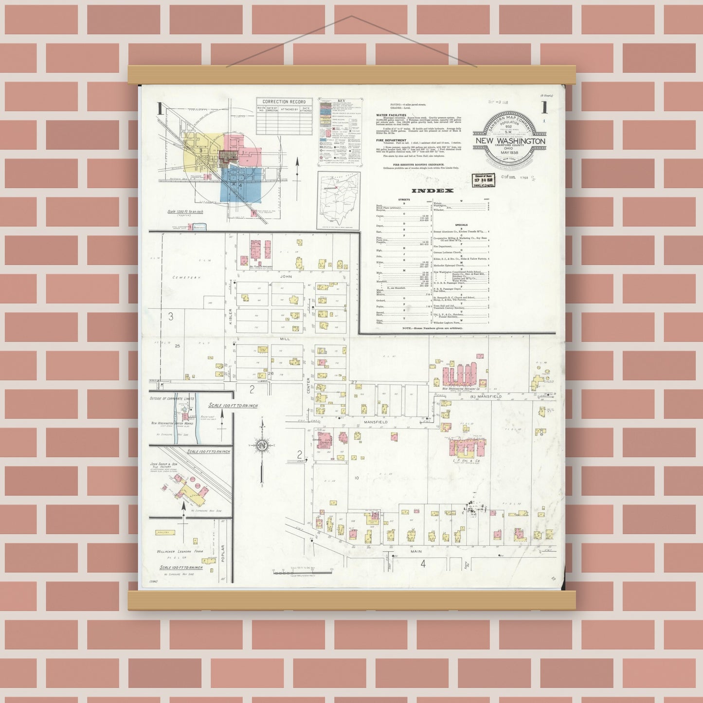 Old map wall art mockup — magnetic wood frame on brick wall — Sanborn Fire Insurance Map from New Washington, Crawford County, Ohio (1938), Sheet #0001